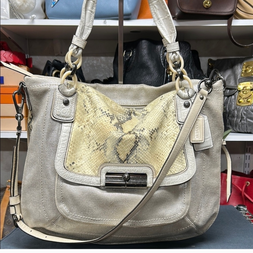 Coach Kristin Python & Silver Linen Large Hobo Bag